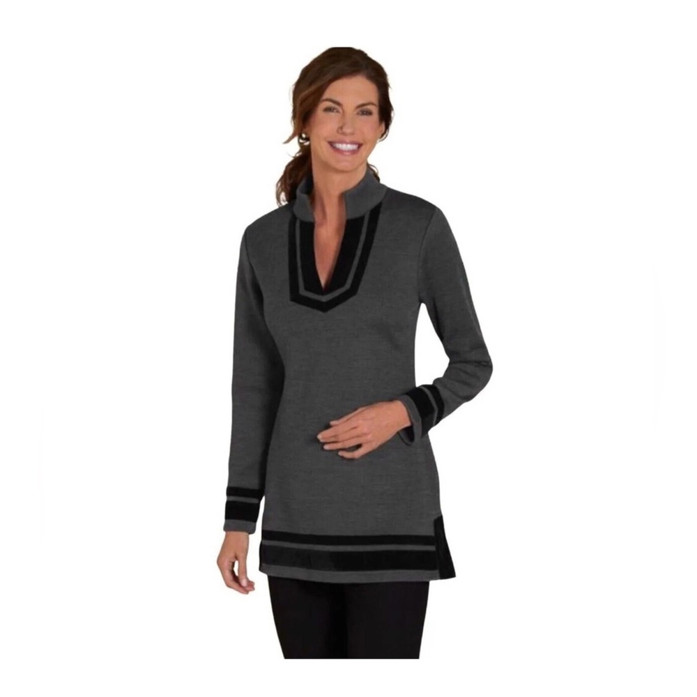 Soft Surroundings Runway Wool Blend Knit Tunic Sweater Velvet Trim, Size: S